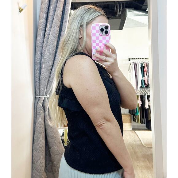Deletta Anthropologie Ruffle Shoulder Trim Textured Stretch Tank Top Black Small - Picture 2 of 13